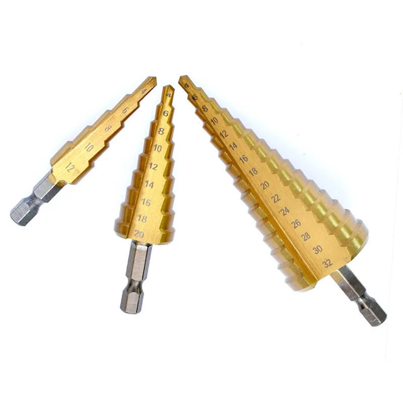 3Pcs Hexagon Shank Step Drill Sets 4-12mm 4-20mm 4-32mm High Speed Steel Straight Groove Drill Wood Metal Hole Cutter Drilling
