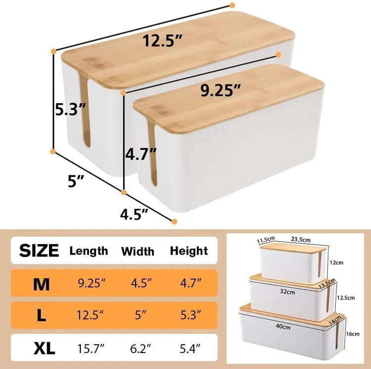 Home Cord Power Stripe Surge Protector Wire Cover Hider Plastic Large Storage Cable Management Box With Bamboo Lid For Desks