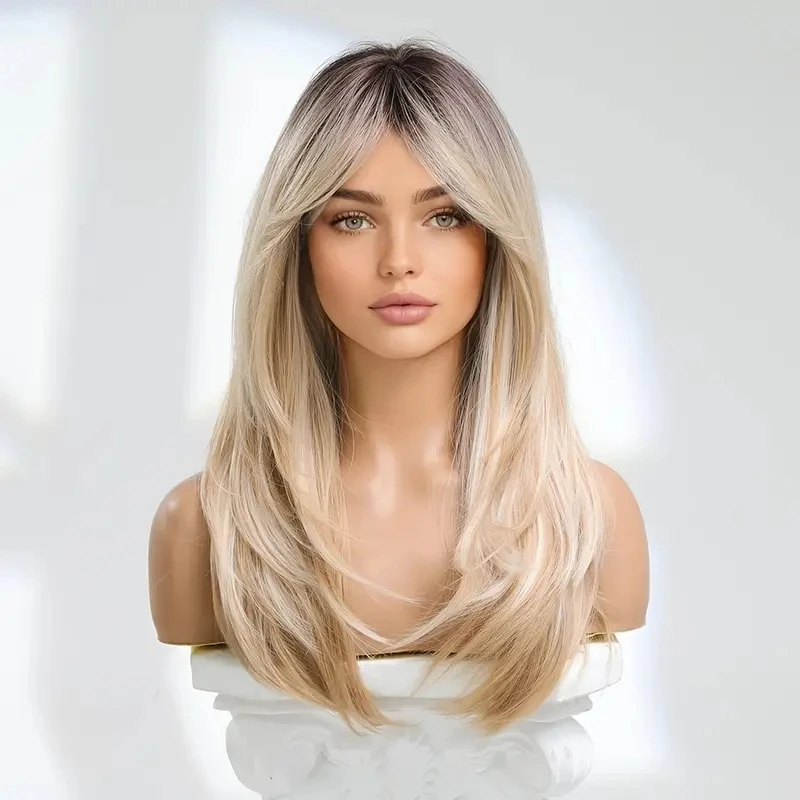 2024 New Style Ombre Blonde Wig with Bangs Layered Heat Resistant Synthetic Wigs for Women Cosplay Pelucas Perucas