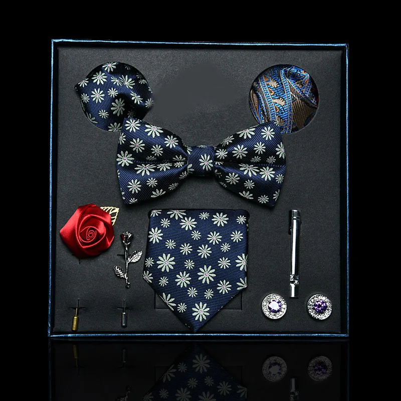 Genya Business Formal Party Bow Tie Set Multi-style Bow Tie Pocket Square Cufflinks Suit Gift Box