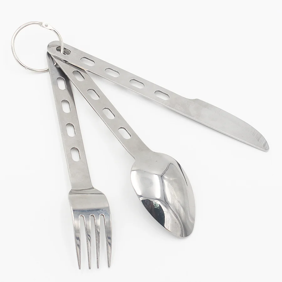 DFU123 Stainless streel 3 pcs kit outdoor camping picnic cutlery with key ring spoon fork knife
