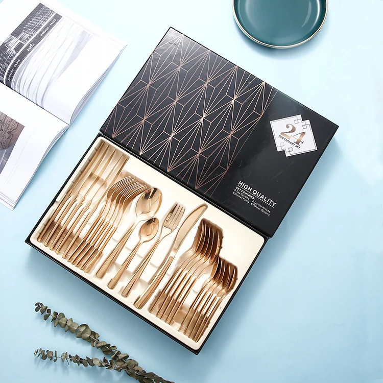 Custom stainless steel spoon set gold silverware talher cubiertos dorados spoon and fork luxury golden cutlery flatware sets