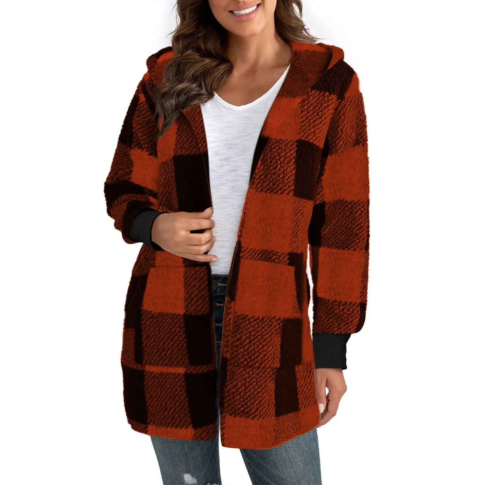 New cross border hooded plaid fleece coat for autumn and winter