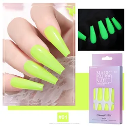 24PCS Noctilucence Neon Lights Luminous Long Ballet Nightclub Party Girls Coffin Fake Nails