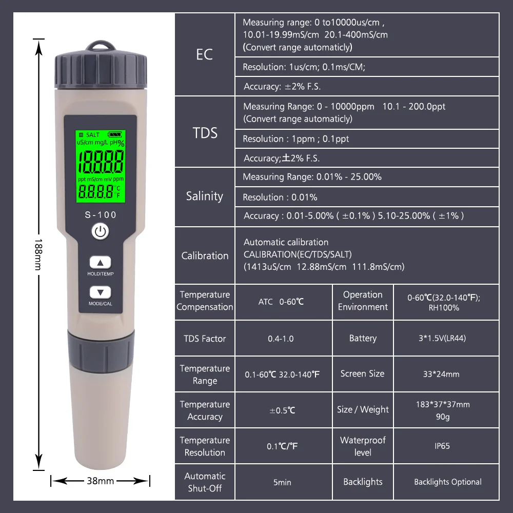 M2U S-100 4 in 1EC TDS temp and Salinity meter salinity measurement instrument with backlight