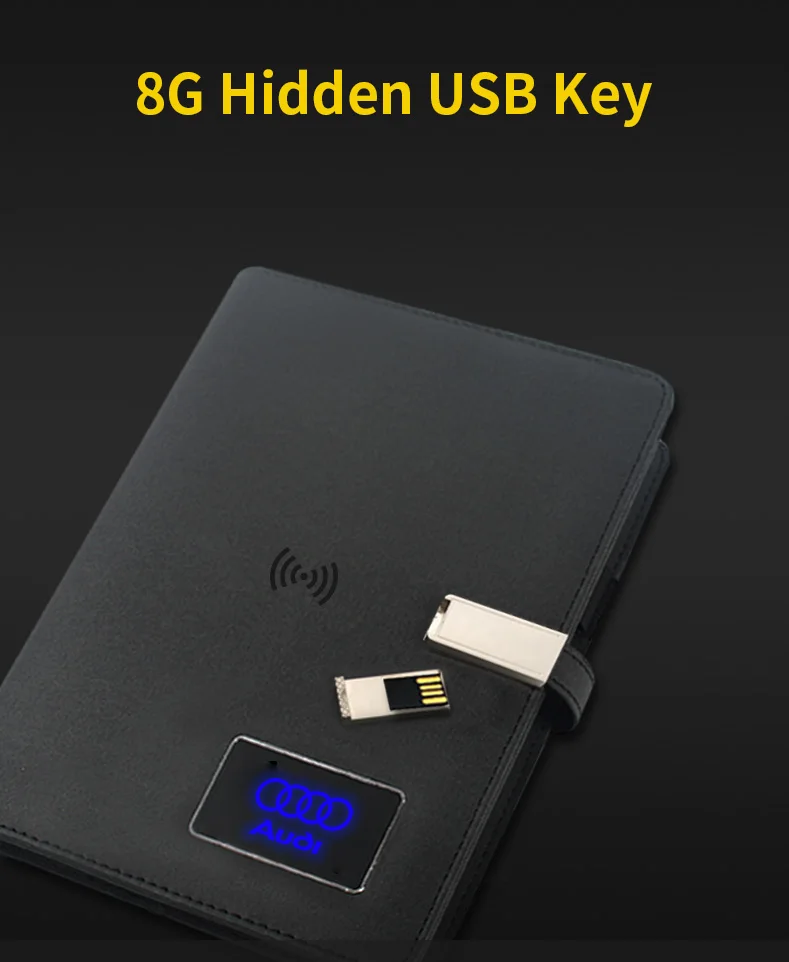 New Products Multifunctional Business Travel Can Light up logo A5 Size Folder Leather Wireless Charging Notebook