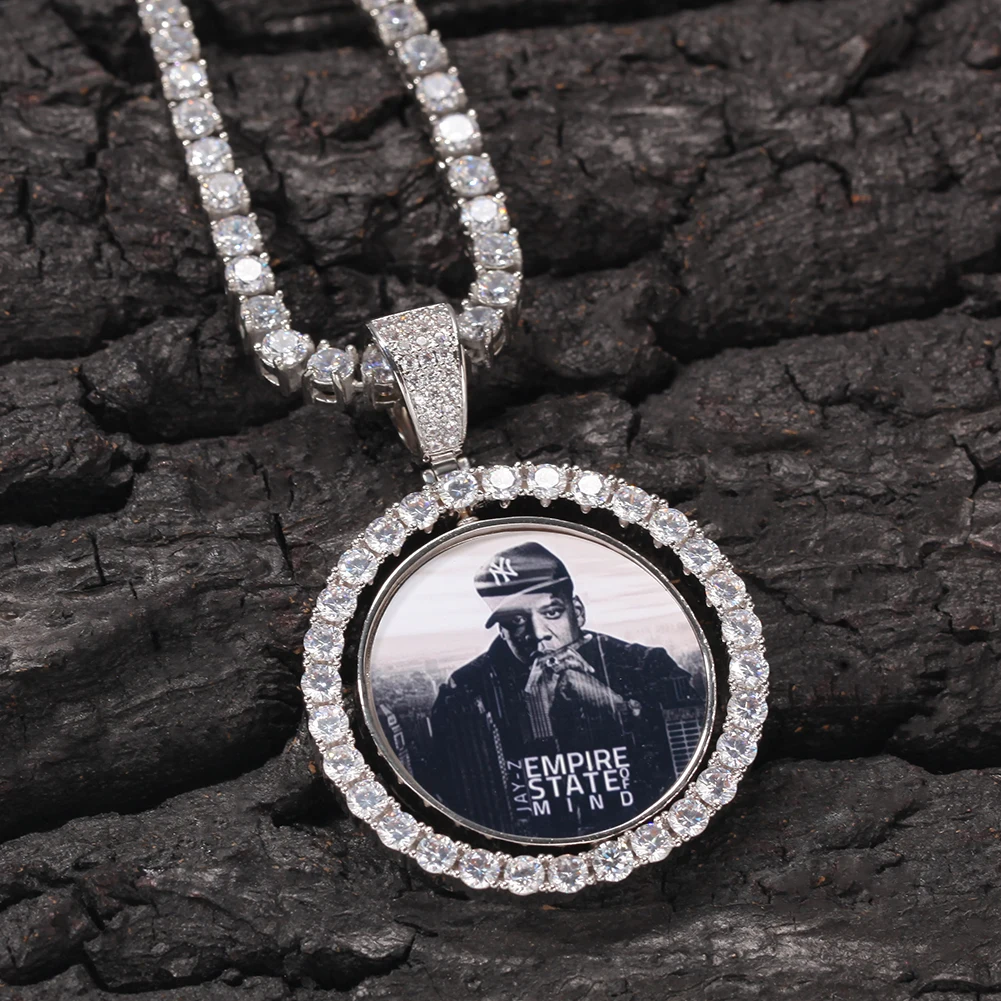 Double Face Round Photo Custom Necklace Pendant Tennis Chain Gold Cubic Zircon Spin Picture Necklace Hip hop Jewelry