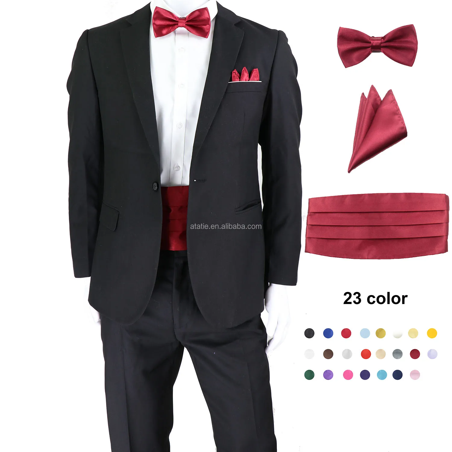 Wine Red 23 Solid Color Men Elastic Cummerbund Waist seal Bow Tie Set Pocket Square Formal Luxury Tuxedo Suit Accessories Gift