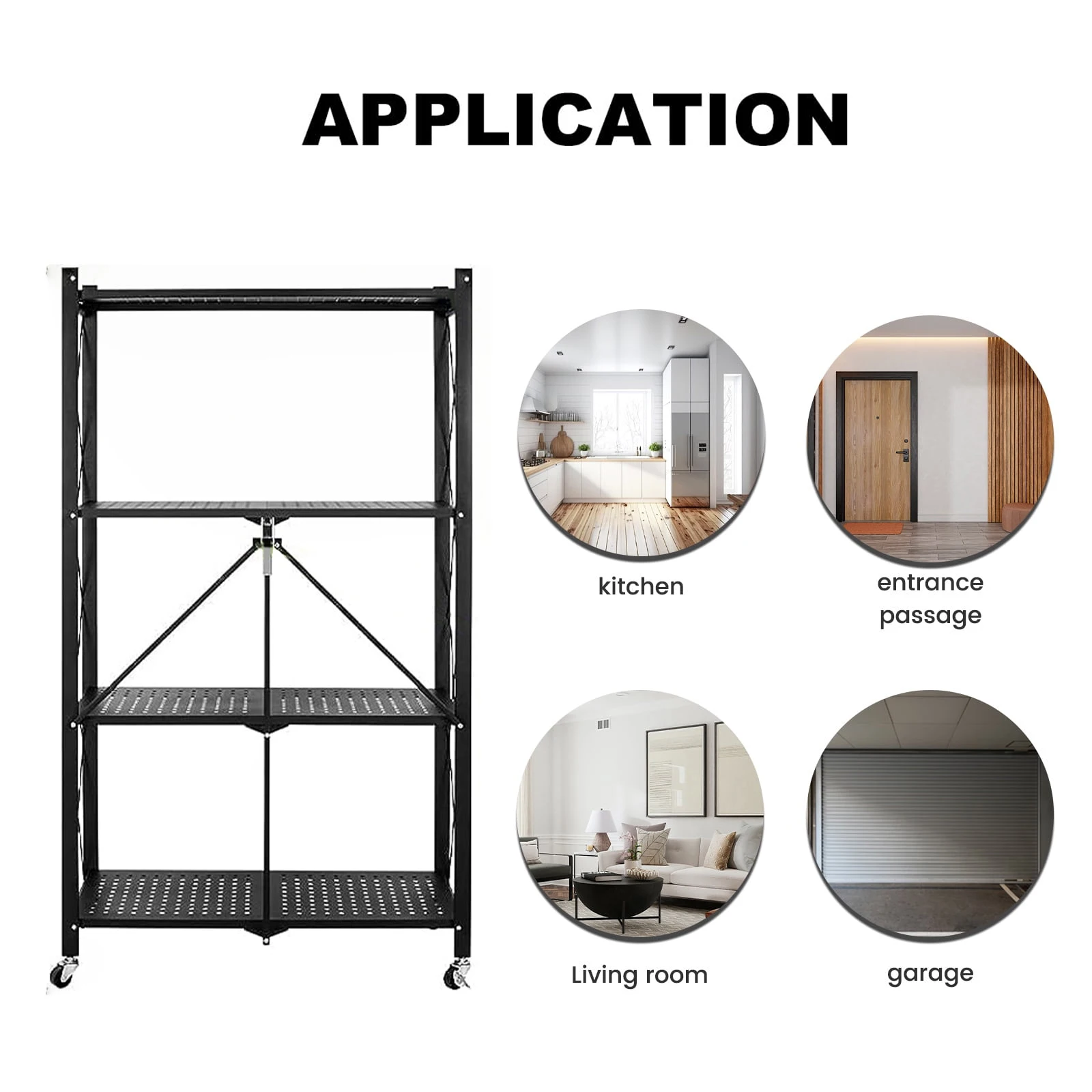 Medium Duty Home Use Easy Assembly Stackable Folding Metal Kitchen Organizer Shelf Mobile Foldable Storage Rack With Wheels