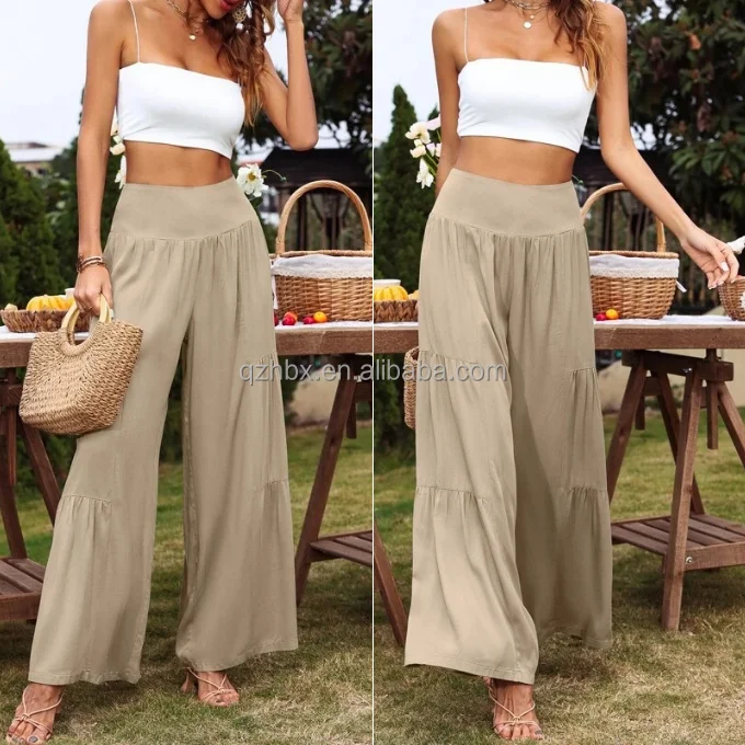 Elegant Fashion Linen Trousers 14 Colors High Waist Easy Home Walk Lounge Beach Vacation Layered Frill Loose Flare Pants