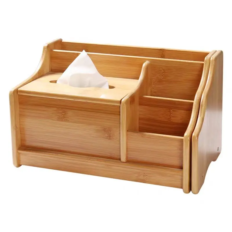 Bamboo Tissue Box Holder & Tablet Stand Organizer for Bedroom & Desktop;  compartments hold iPad Phones Remote Controls Reading