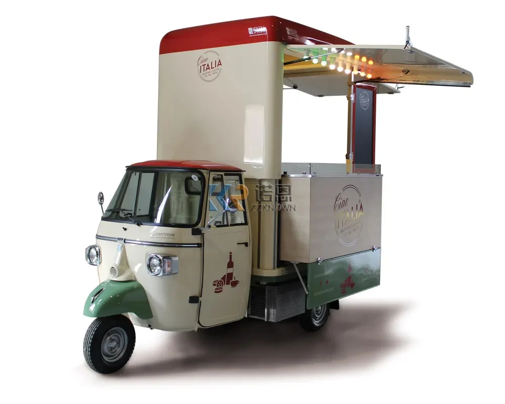 Electric Mobile Food Truck for Sale Fast Ice Cream Vending Kiosk Ape Tricycle Food Cart with Full Kitchen