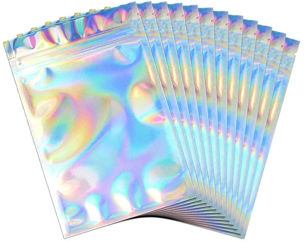 custom print different sizes stand up clear hologram holographic laser mylar foil zipper packaging bag for cosmetics makeup
