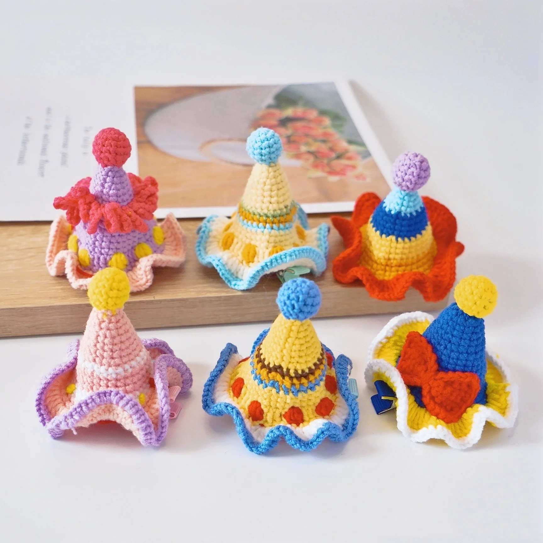 Yarn Crochet Princess Sweet Birthday Hat Cartoon Cute Kids Hair Clips for Girls Hairpins Wool Knit Gifls Kids Hair Accessories