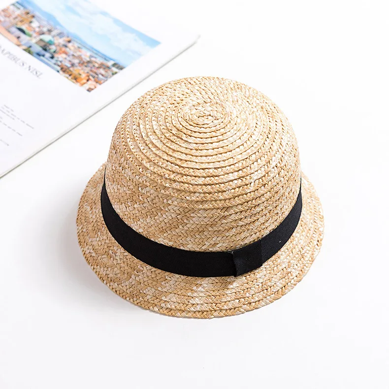 Wholesale Children Summer Straw Hats & Caps 48cm & 50cm with Chain Strap CASQUETTE Round Top Wheat,straw Beach Holiday Natural