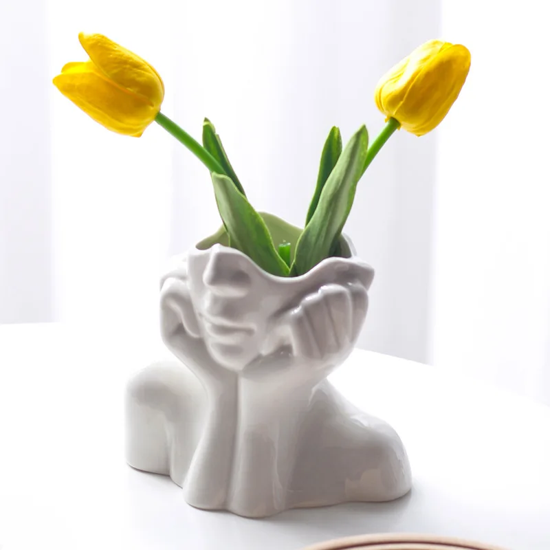 Ceramics Statue Flower Vase Face Pots Bust Head Shaped for Birthday Gifts Home Office Decoration