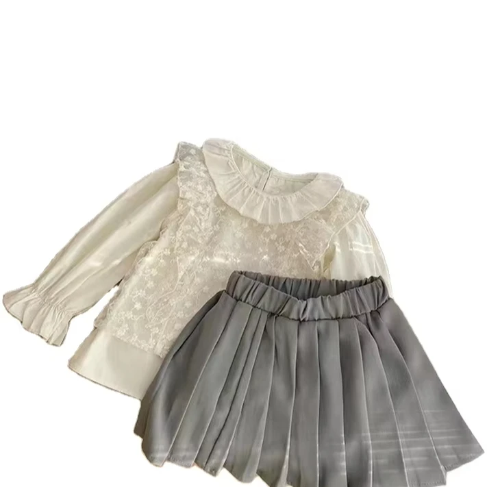 Рубашка для девочек комплект из 2 предметов весенний 2024 новый топ с кружевным воротником кружевной