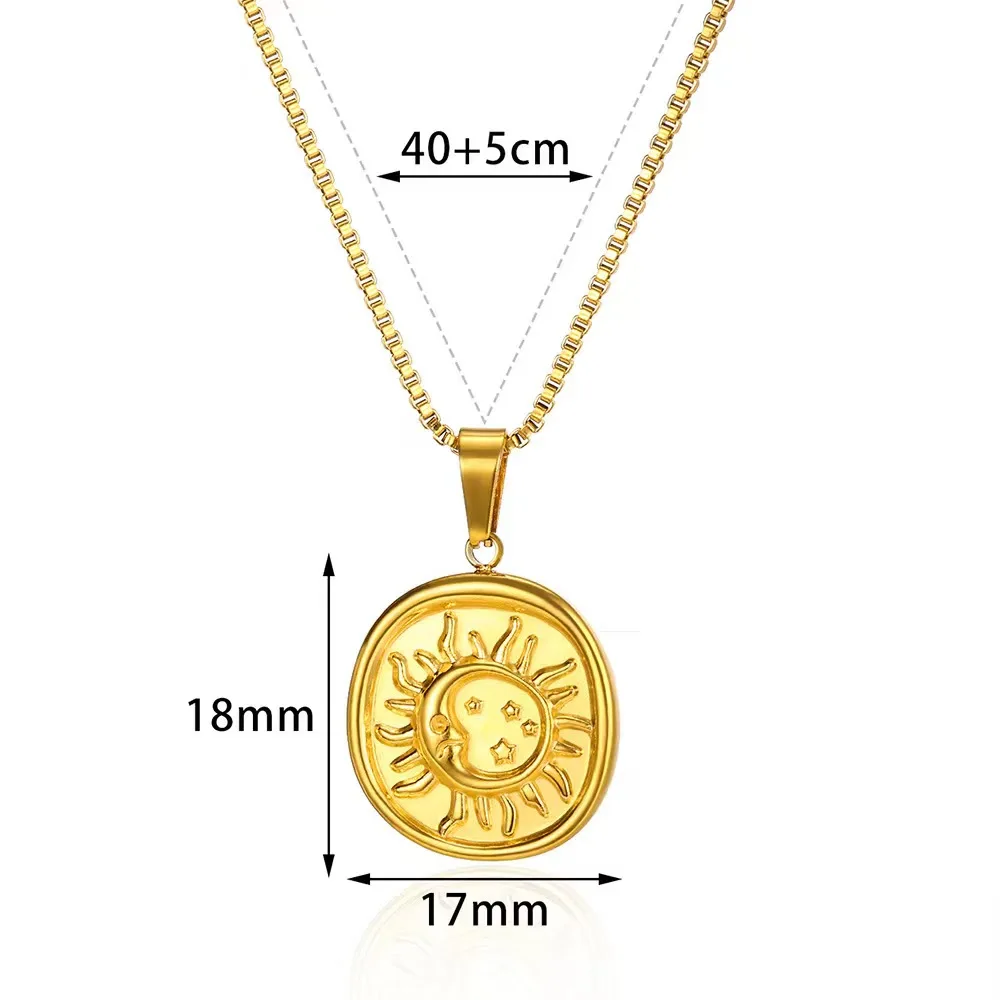 Fashion Sun Star Design Necklace Stainless Steel Plated 18K Gold Vintage Gold Disk Pendant Necklace Jewelry
