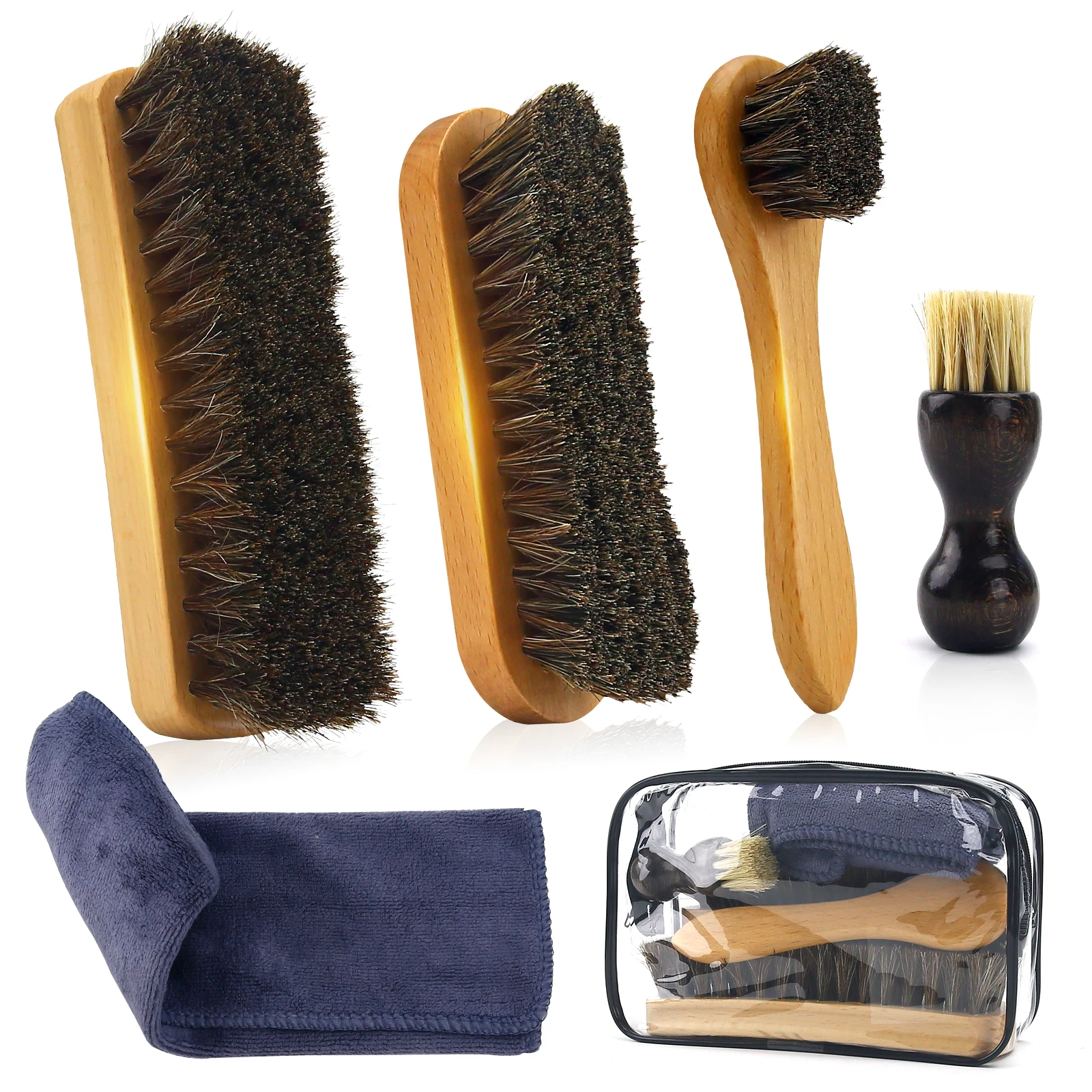 5-Piece Horsehair Shine Shoe Brush Set Polish Dauber Applicator Cleansing Leather Shoes and Boots Suede with Microfiber towel