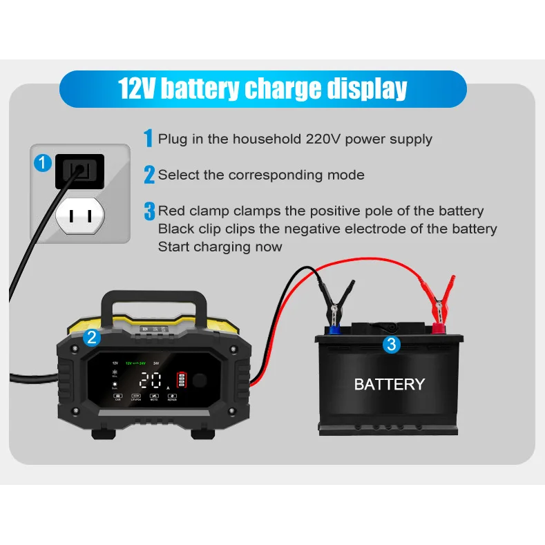 Foxsur car battery charger 10A 5A lead acid Battery Repair with display screen charger  7-stage Intelligent