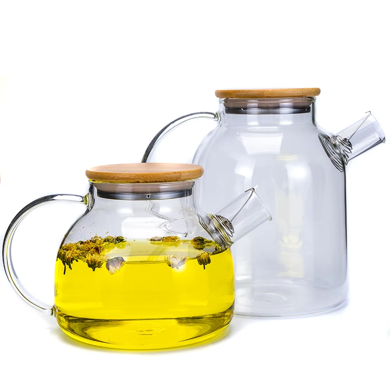 Modern 800ml 1000ml 1200ml Transparent Borosilicate Glass Tea Maker Chinese Tea Pot Bamboo Lid Glass Teapot with Colourful Box