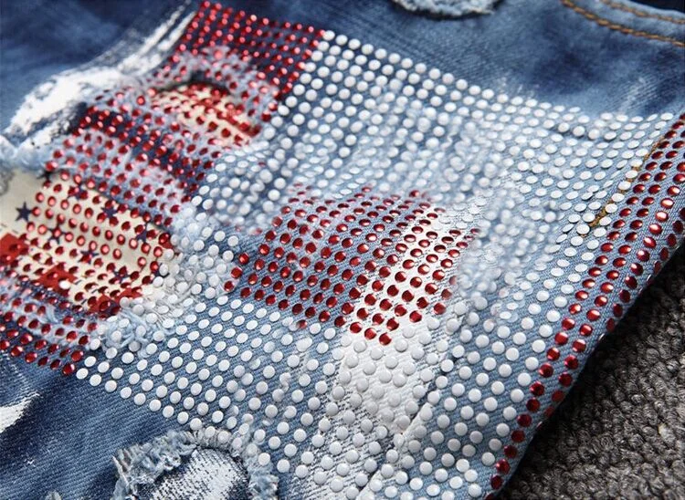 Custom Biker Pattern Pants Trouser Ripped Straight Patchwork Printing Fabric Inside Waist Rivet Streetwear Punk Men Torn Jeans