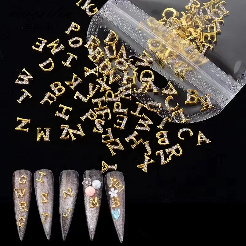 Hot sale New Type Gold Nail Crystal Rhinestone English 3D Letters Nail Art Charms Zircon Stud Box For Nails
