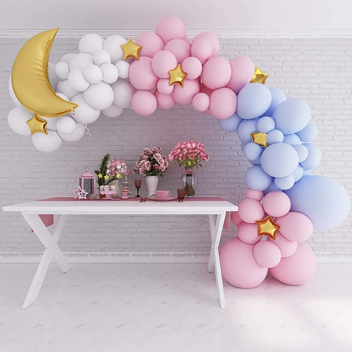120PCs Balloon Garland Arch Kit Including Pink Blue White Balloons Gold Foil Stars Moon Party Decorations for Baby Shower