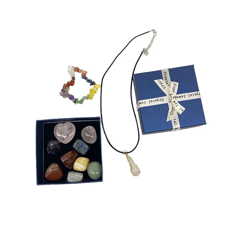 Gift Box Natural Crystal Jade  7 Chakra Stones Combination Set Rose Quartz Crystal Love Hexagonal prism Pendant