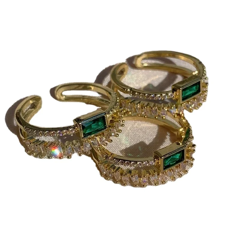 Korean Hot Selling Sense Green Zircon Double Layer Ring Luxury Emerald Gemstone Crystal Open Adjustable Rings Jewelry Women