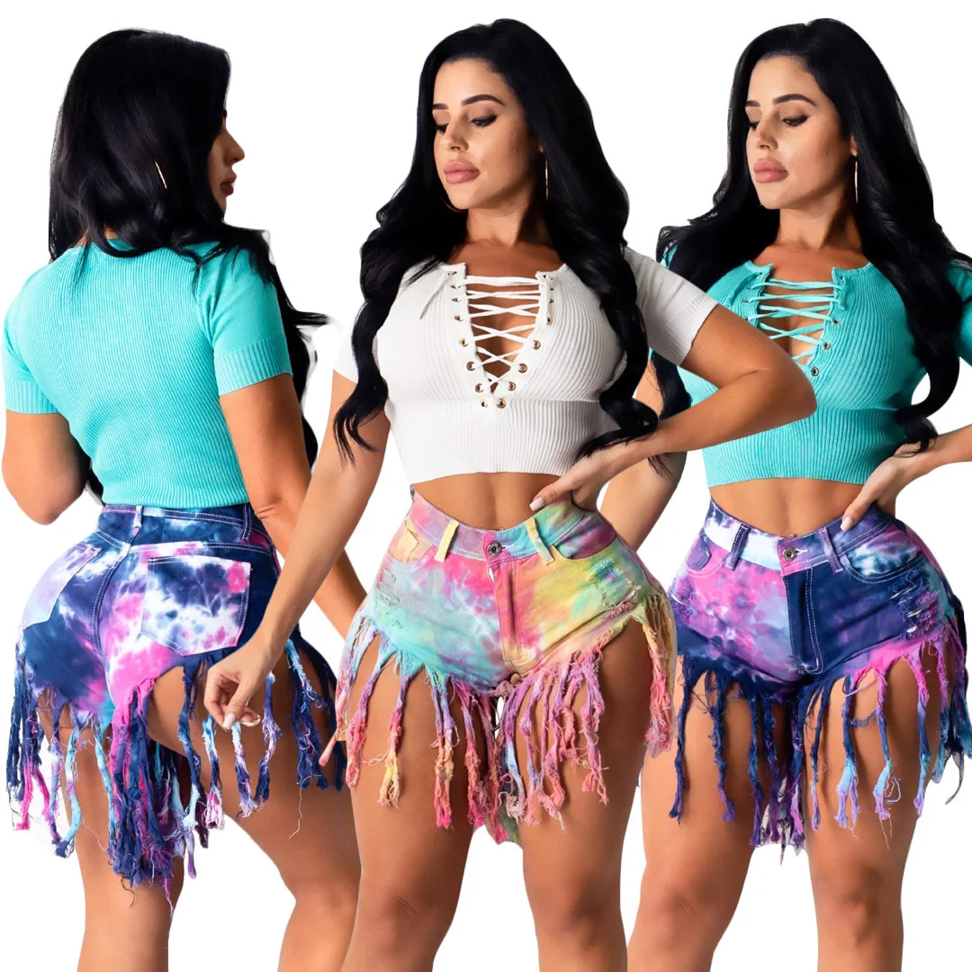 Latest cheap assorted tie dye wholesale booty shorts women fashion shorts for women with tassel short jeans