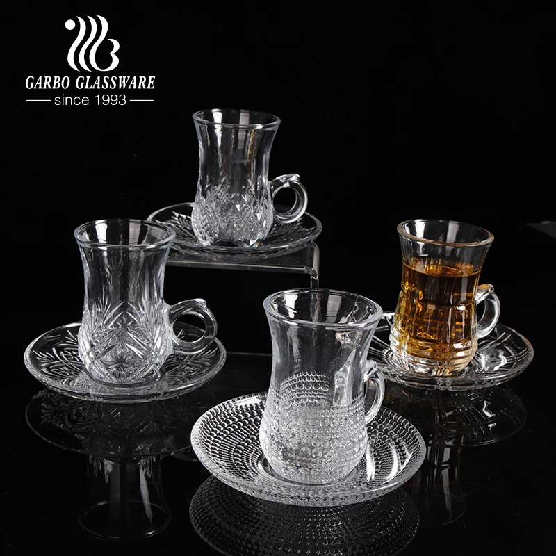 Ramadan Hot Sale Clear Tea Glass Set with Saucer Arab Dubai Popular Engraving Tea Coffee Drinking Mug 12pcs Glass Tea Cup Set