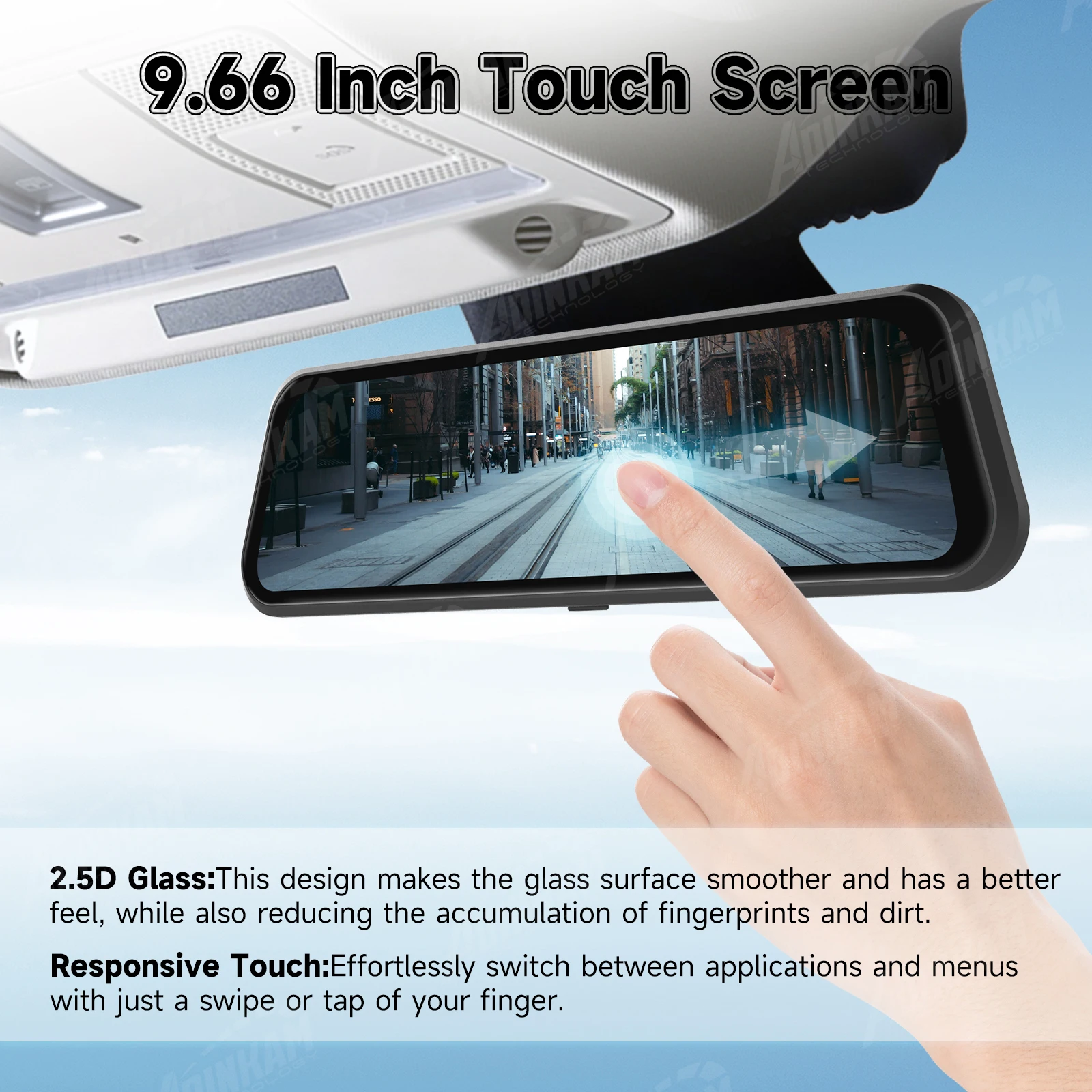 ADINKAM Car OEM CarPlay Display Rearview Mirror Screen Dashcam DVR Recorder Mirror Stream Media Front Rear Camera Device