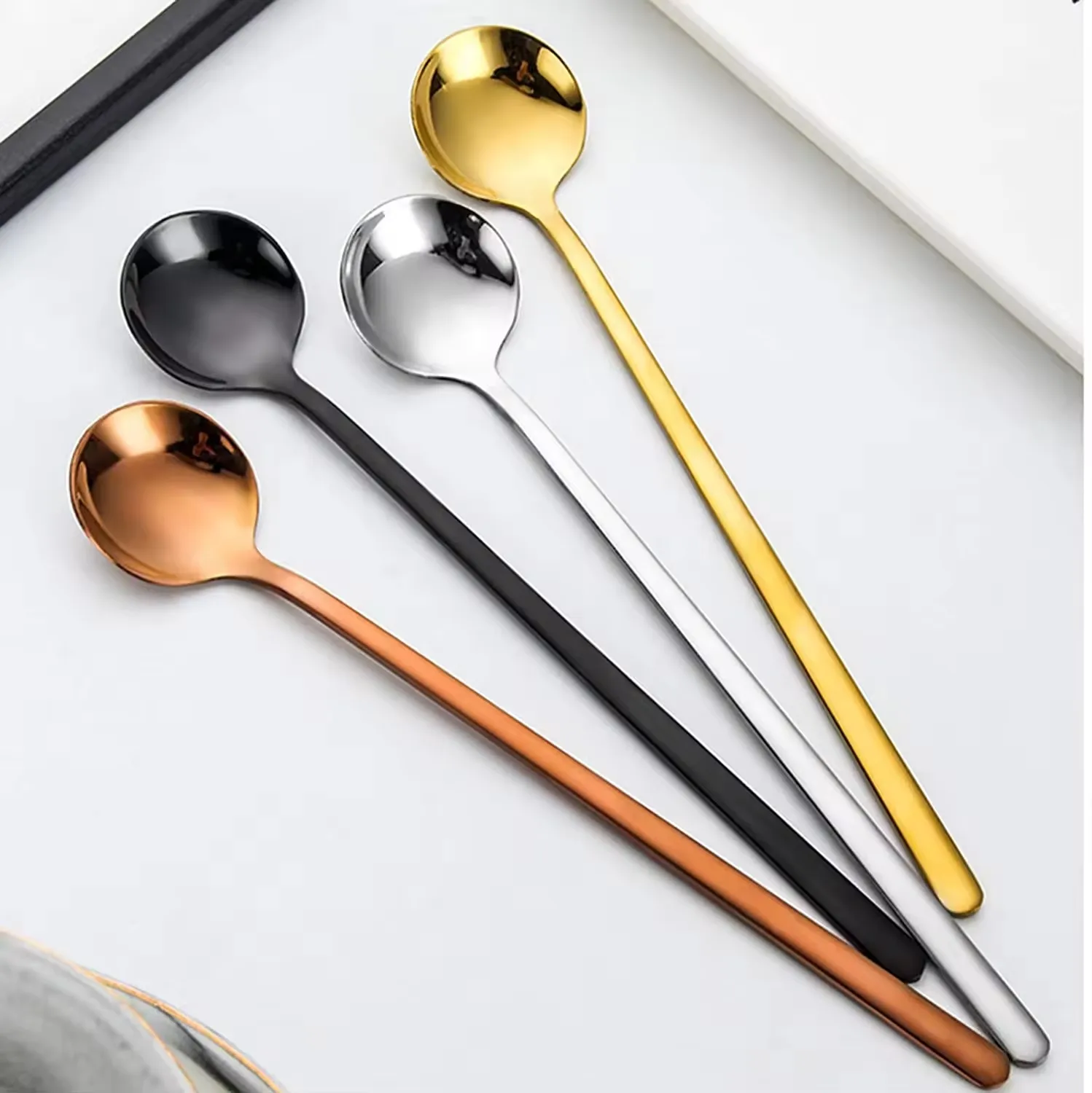Custom Korean Wedding Gift Coffee Dessert Ice Cream Scoop Long Handle 9.44inch Brass Stainless Steel Gold Tea Small Ice Spoon