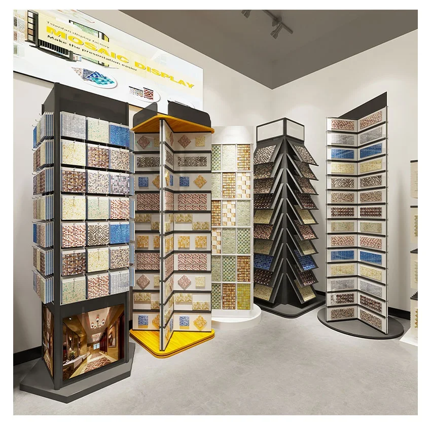 Lucky stone metal booth Glass exhibition marble showroom granite sample rotary tile quartz multi-faceted  mosaic display rack