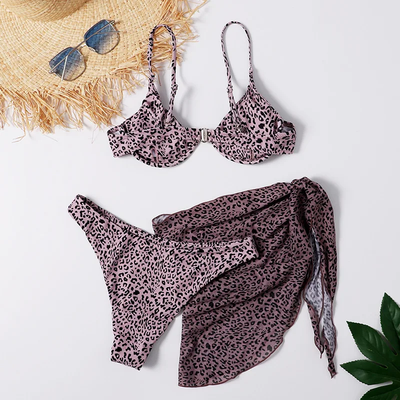 New Sexy Marble Print Push Up bikini Women Swimsuit Female Swimwear 3-piece Bikini set V-Bar Wired Short Skirt Bathing suit Swim
