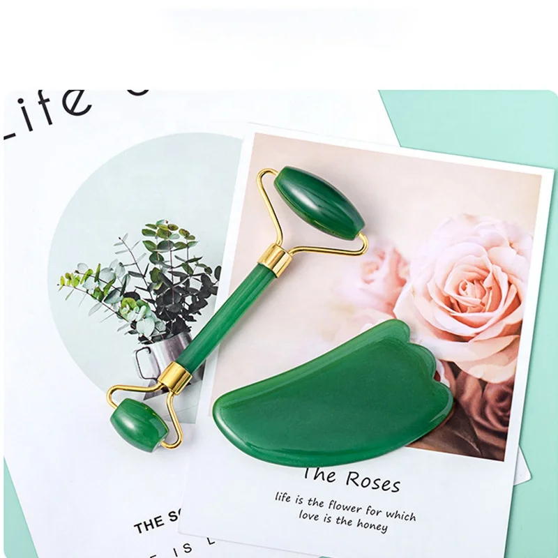 Private Label Laser High Quality Ball Green Stone Jade Roller Gua Sha Set