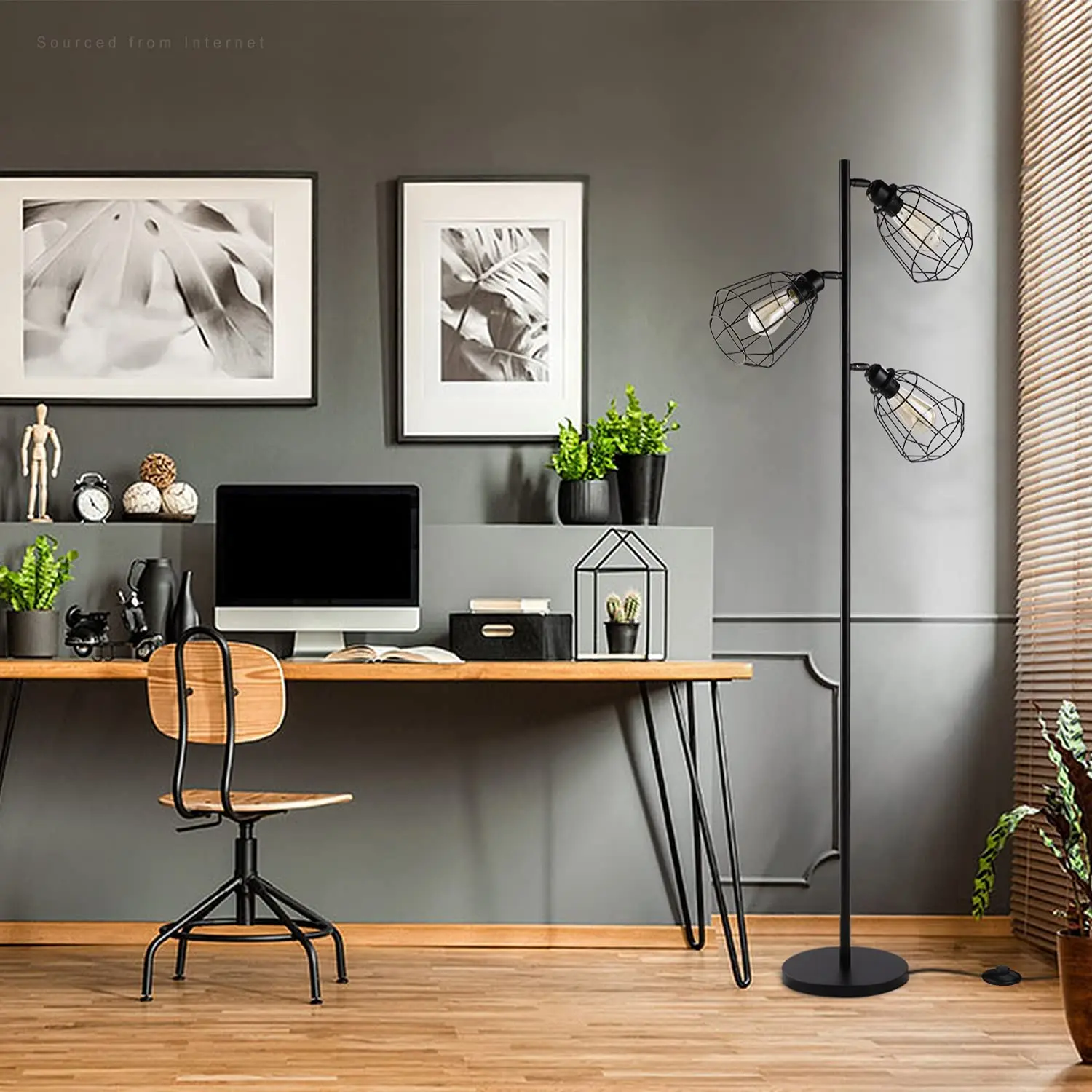 popular Industrial 3-Light tree Floor Lamp with iron Shaped Cages  Tall Standing Lamp for Living Room