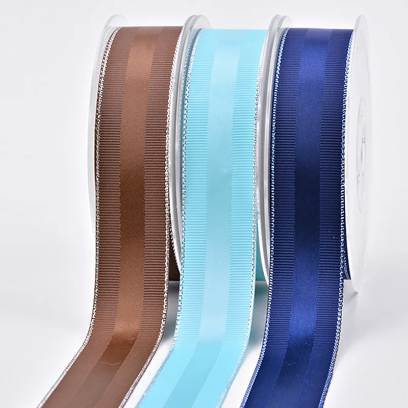 Wholesale Grosgrain Edge Double Face Satin Ribbon Designer With Silver Edge Satin Ribbon 14 Colors 9-38MM