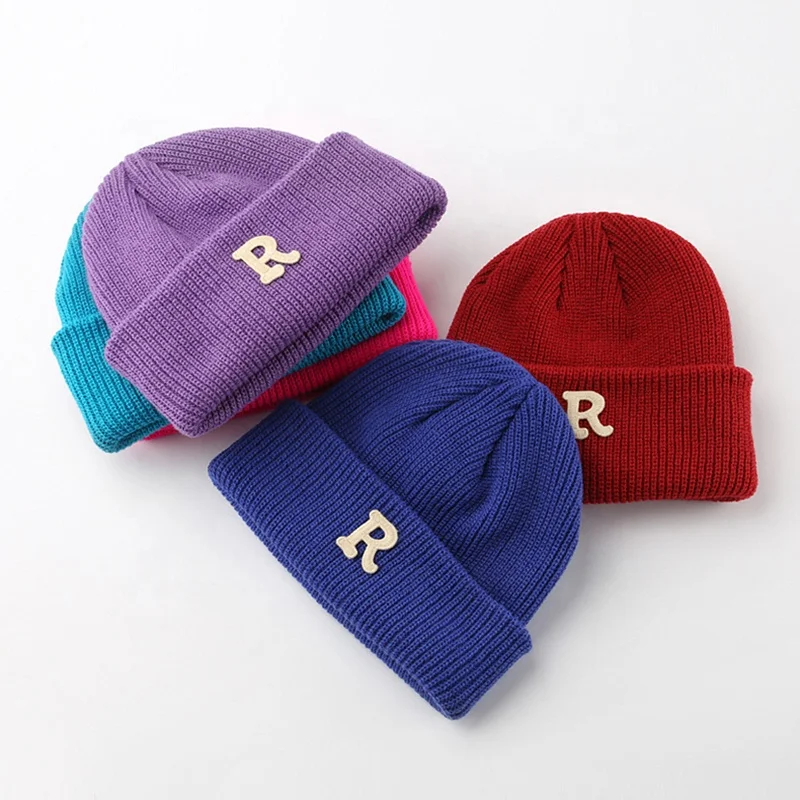 Candy Color Acrylic Knitted Beanie Hats for Men Women R Letter Thick Warm Winter Ski Hat Unisex Cuffed Beanies Knit Skull Cap