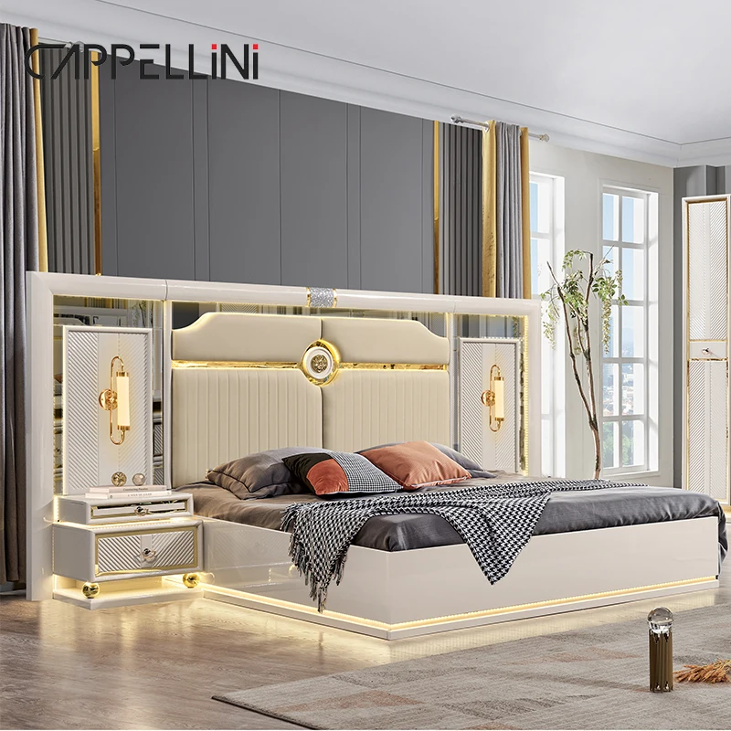 Contemporary Wooden Frame Double King Size Leather Luxury Bed Home Suite Modern Wood Queen Full Bedroom Furniture Set