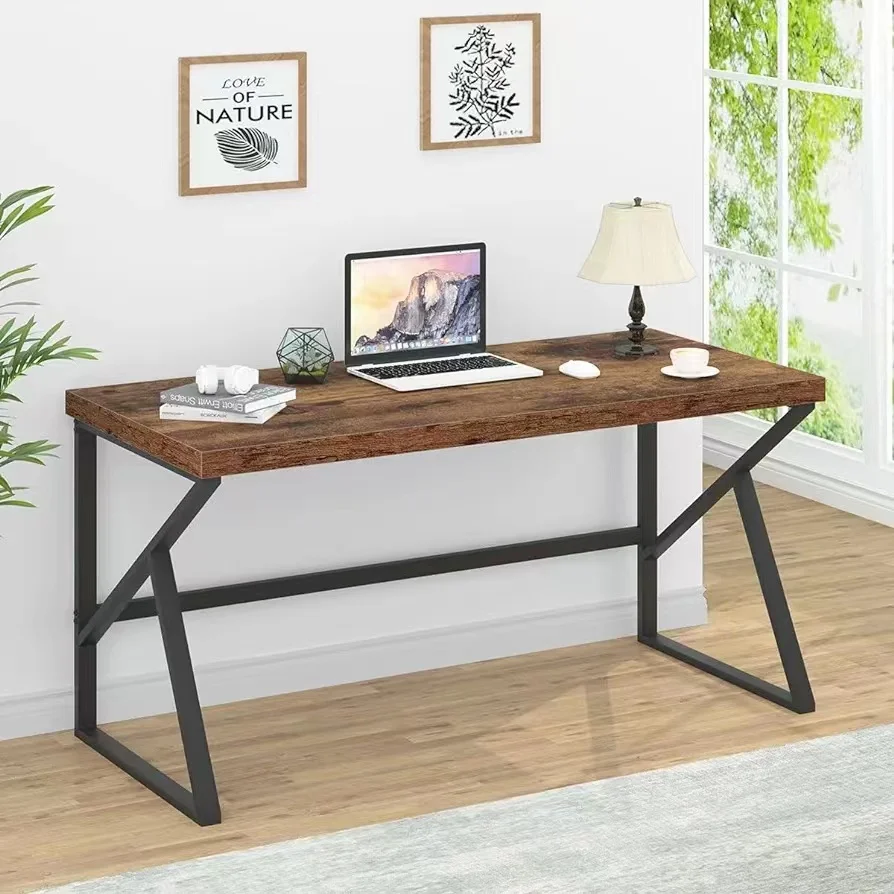 Brown Desk Industrial Home Office Computer Desk Simple Writing Study Gaming Executive Workstation