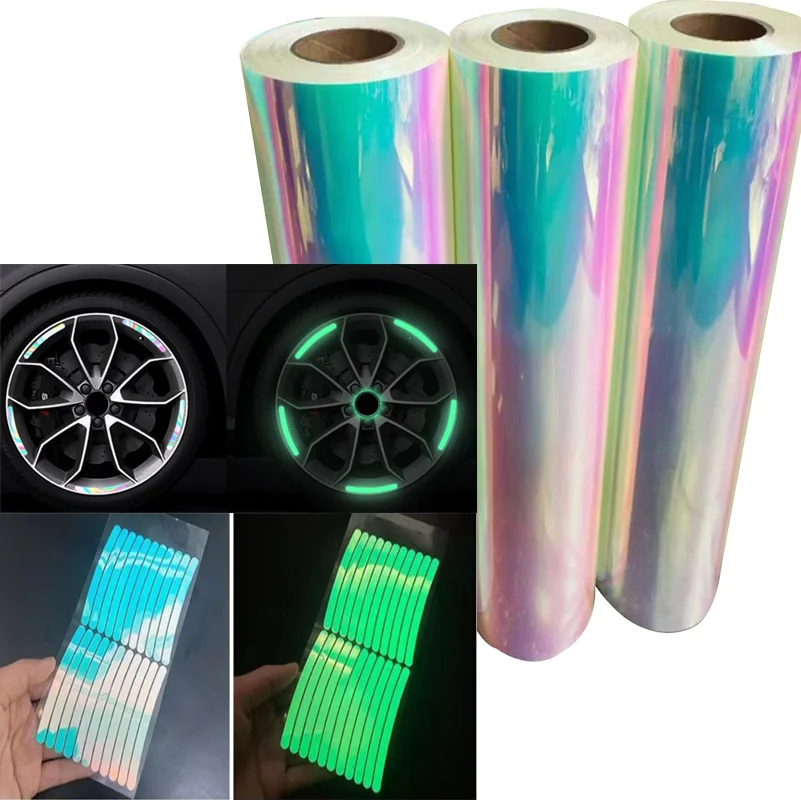 super bright gradient luminous glow in the dark rainbow printing self-adhesive lettering film fluorescence vinyl for car sticker