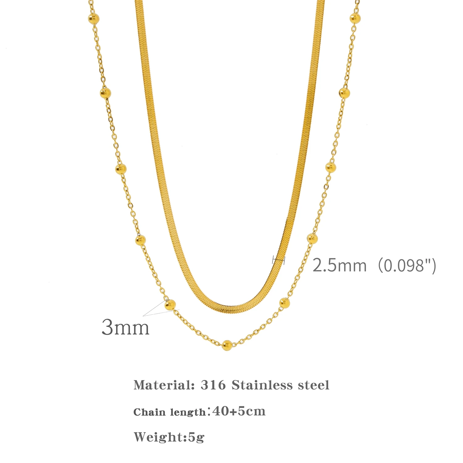 Double Layer Necklace Stainless Steel Chain Choker for Women, 18K Gold Plated Snake Bead Chain Link Necklaces