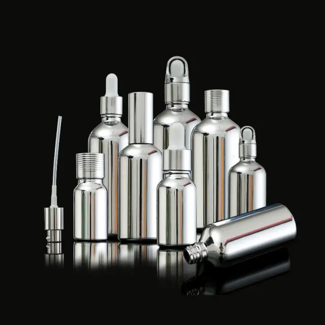 Luxury  Gold Sliver Glass Essential Oil Bottle With Dropper Cosmetic Packaging  Roller Cream Jar Set Skin Suit