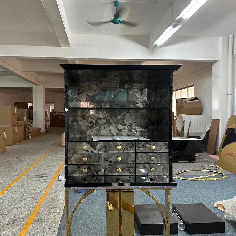 Luxurious modern wooden lockers, designer furniture with gold stainless steel legs for villa hotels