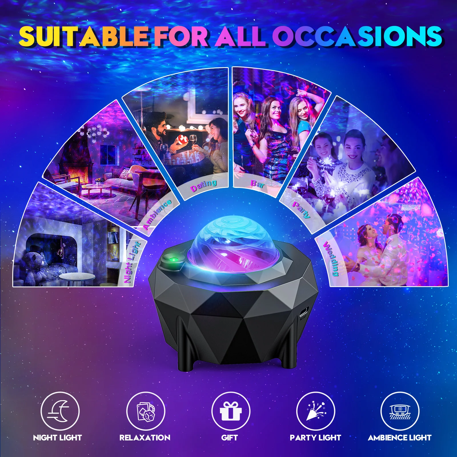 USB RGB LED Star Projector sea wave Projector Night Light for Bedroom Sky with Music Speaker and Remote Control Green Laser