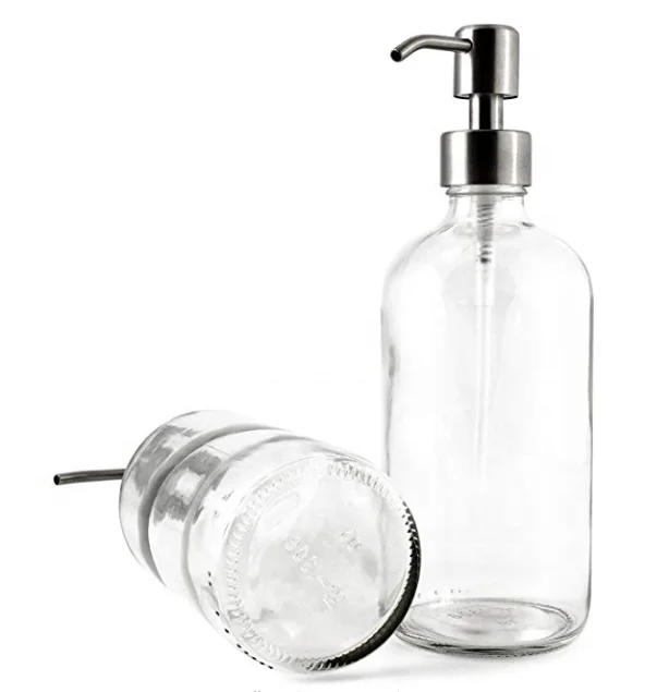 Round Boston Glass Bottle for Liquid Soap Glass Dispenser Bottle with Rustproof Pump Lid for Essential Oil Lotion Soap container