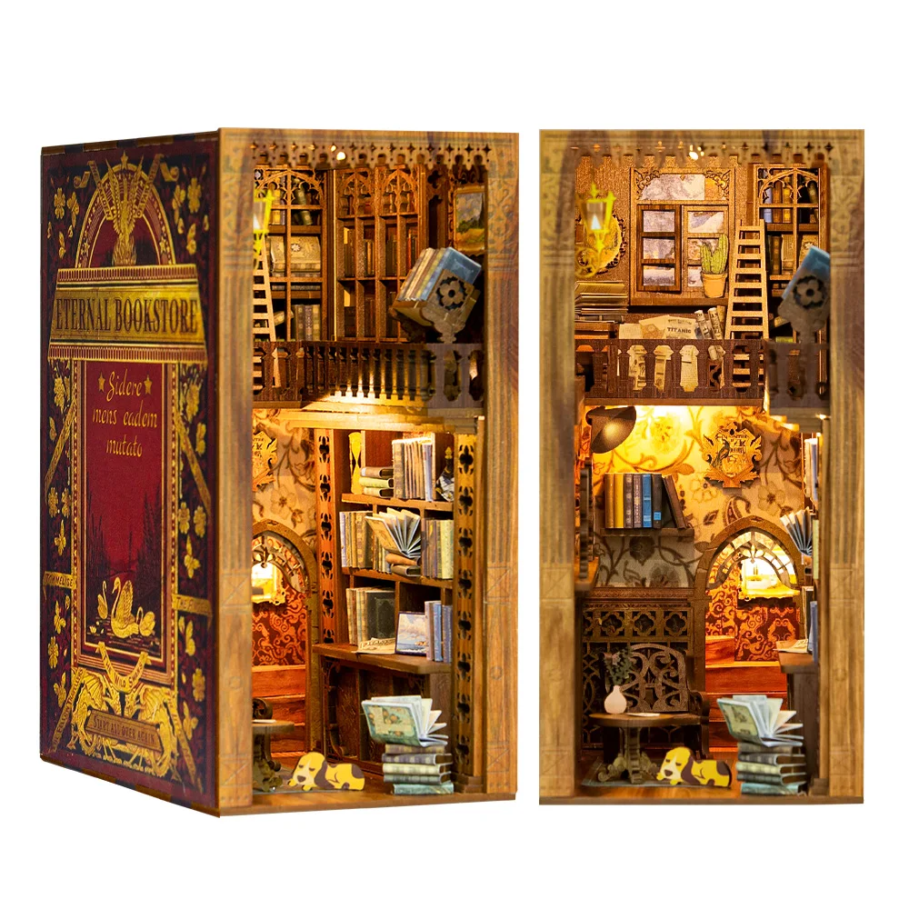 CuteBee 3D Wooden Puzzle Eternal Bookstore Handmade Craft Dollhouse with Light Building Model Toys Book Nook Kit