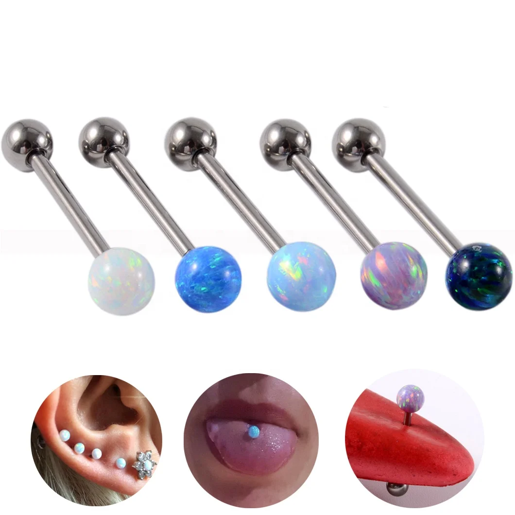 Opal Tongue Rings Round Beads Opal Ball Tongue External Thread Barbell Tragus Sexy Piercing Fashion  Body Jewelry Wholesale